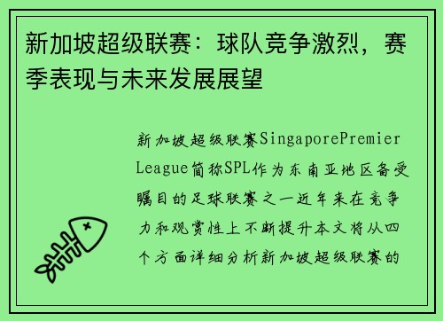 新加坡超级联赛：球队竞争激烈，赛季表现与未来发展展望