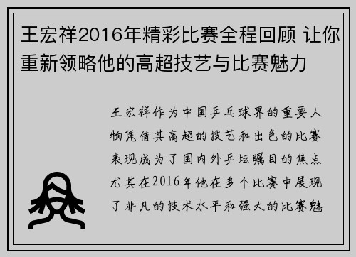 王宏祥2016年精彩比赛全程回顾 让你重新领略他的高超技艺与比赛魅力