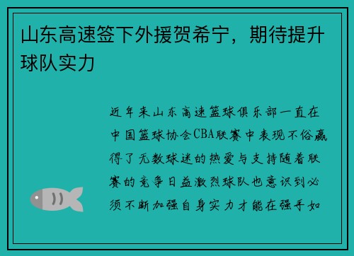 山东高速签下外援贺希宁，期待提升球队实力