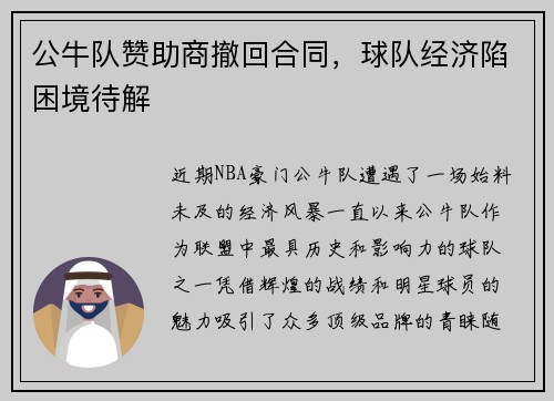 公牛队赞助商撤回合同，球队经济陷困境待解