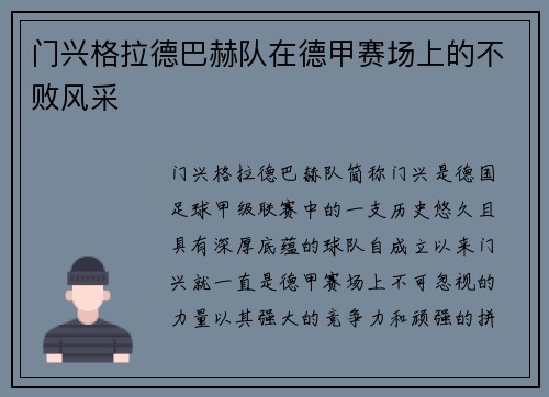 门兴格拉德巴赫队在德甲赛场上的不败风采