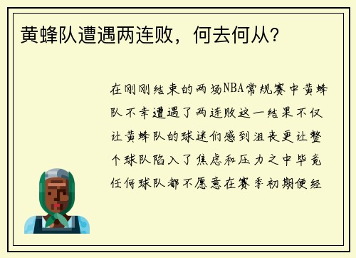 黄蜂队遭遇两连败，何去何从？